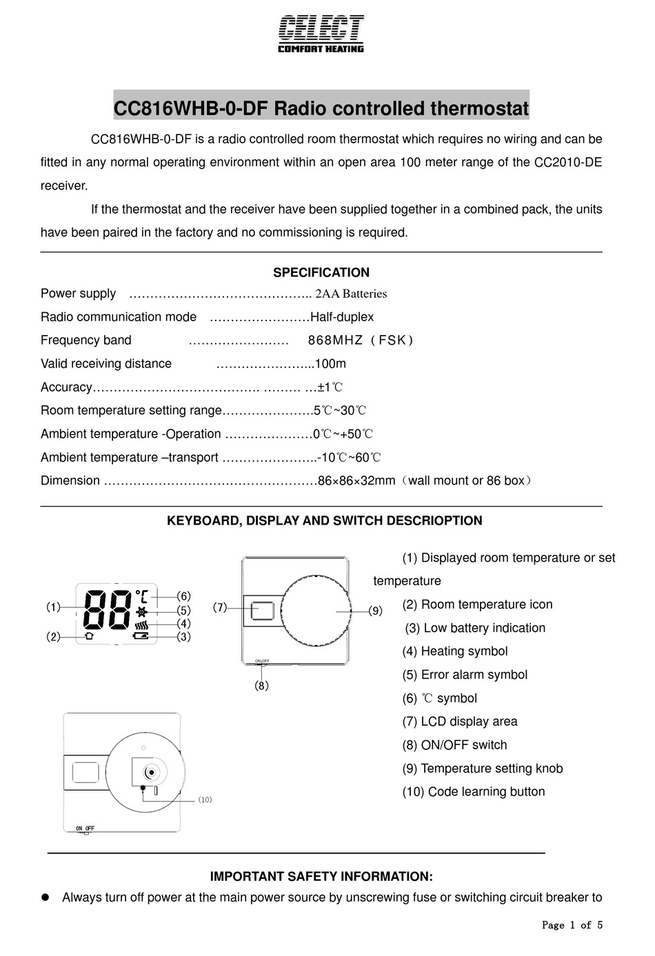 Celect CC852 Wireless Thermostat & Plug-In Receivers