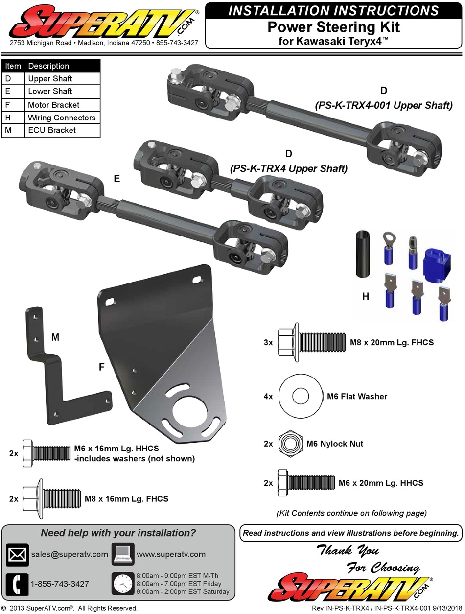 SUPERATV KAWASAKI TERYX4 POWER STEERING KIT INSTALLATION INSTRUCTIONS ...