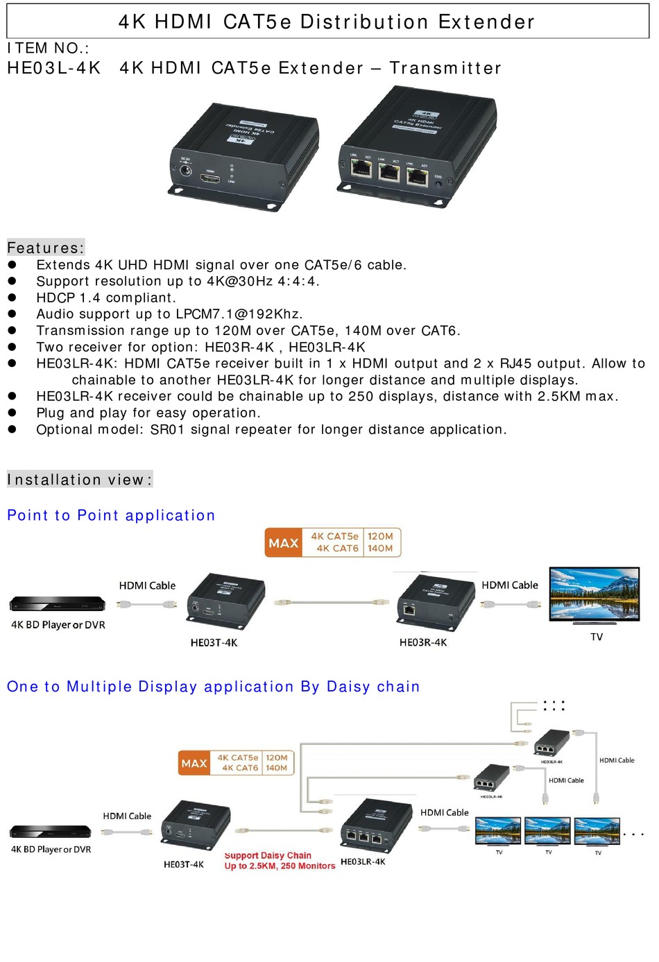 Sc t he03l 4k приемник для комплекта he03l для передачи hdmi сигналов по витой паре