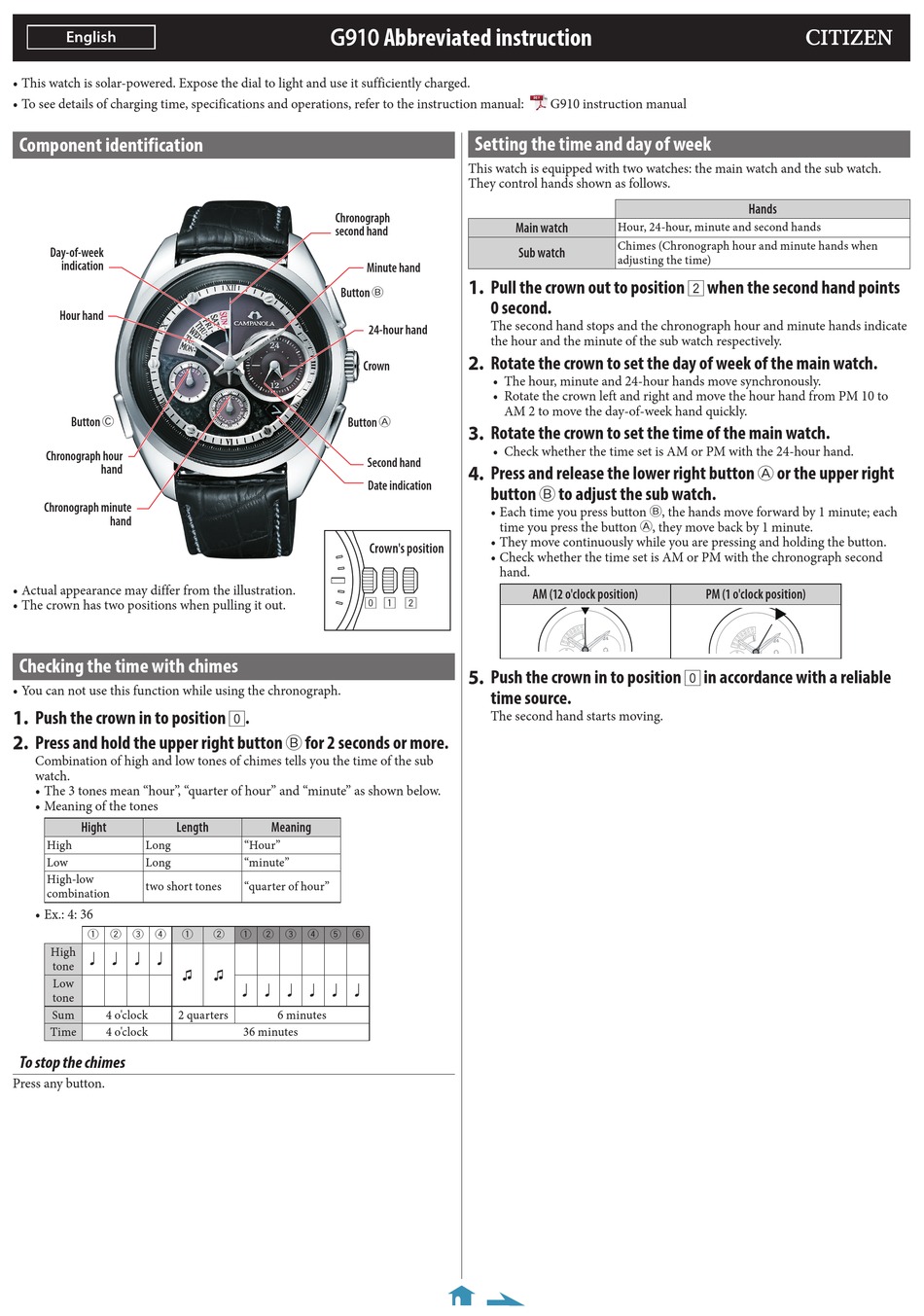 Citizen G910 Abbreviated Instruction Pdf Download Manualslib