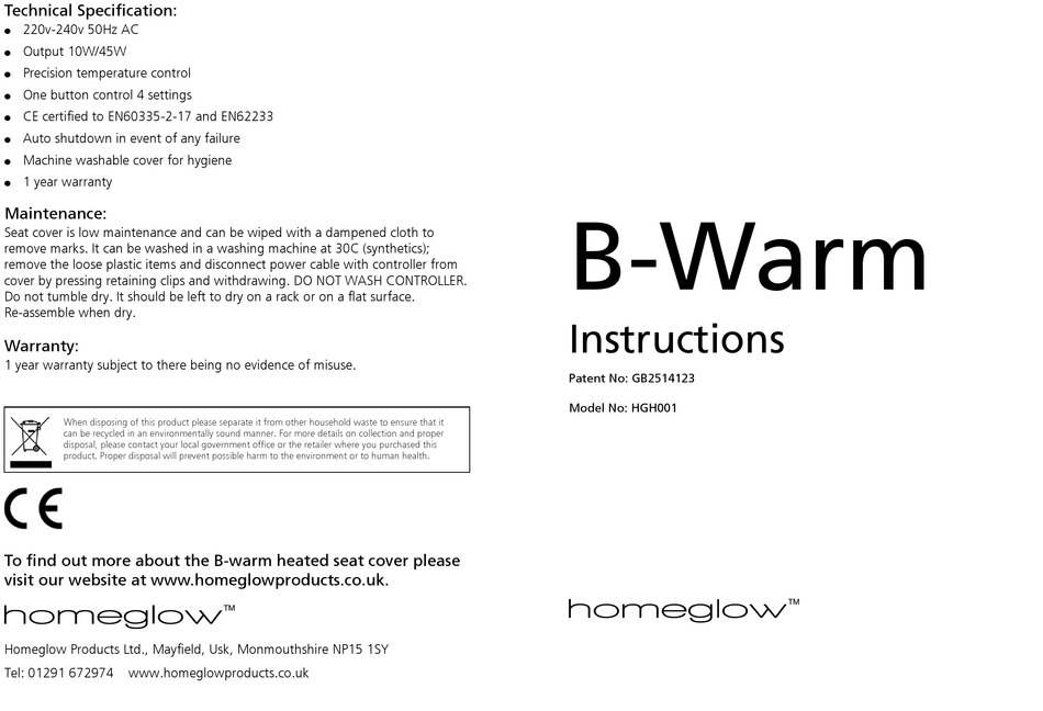 HOMEGLOW B-WARM HGH001 INSTRUCTIONS Pdf Download | ManualsLib