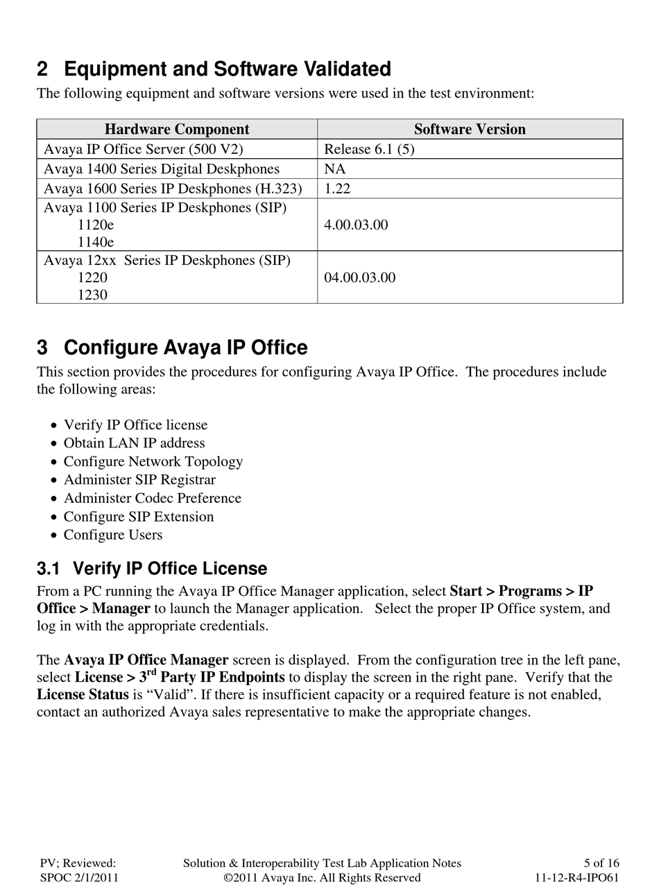 Equipment And Software Validated; Configure Ip Office; Verify Ip Office  License - Avaya 1120E Configuring Manual [Page 5] | ManualsLib