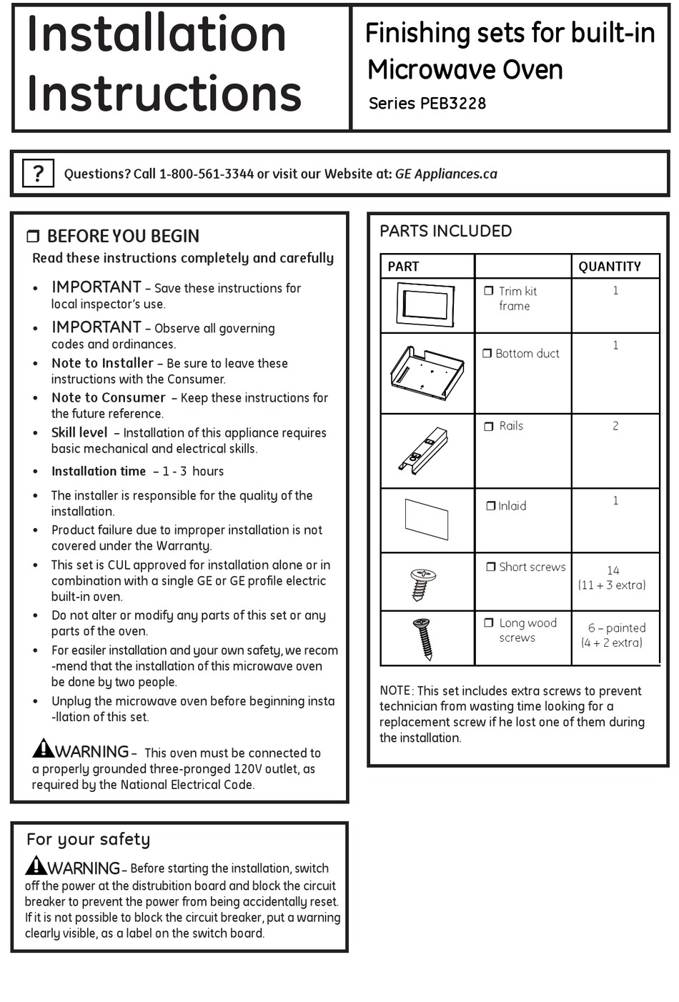 GE PEB3228 SERIES INSTALLATION INSTRUCTIONS MANUAL Pdf Download ...