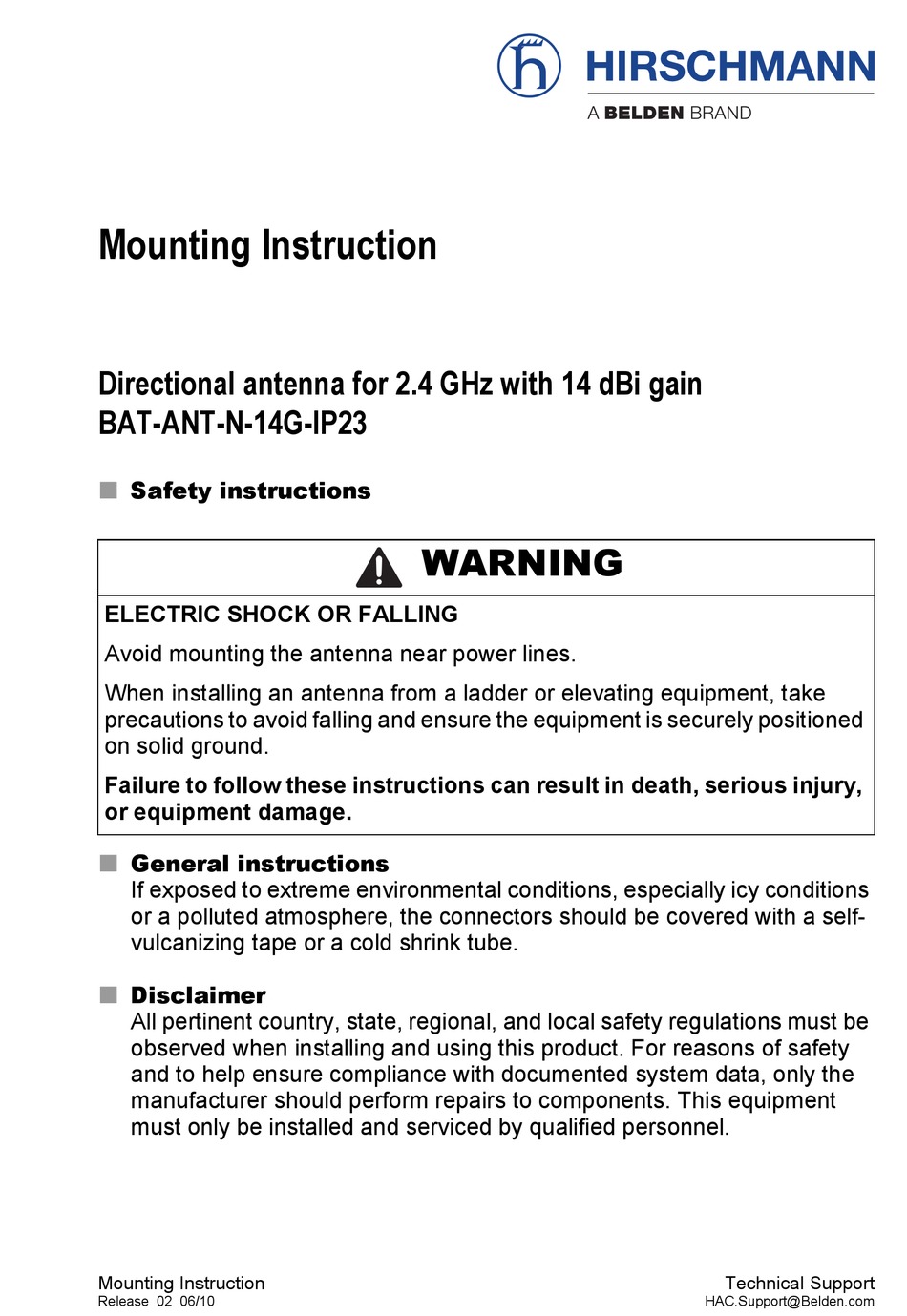 BELDEN HIRSCHMANN BAT ANT N 14G IP23 MOUNTING INSTRUCTION Pdf Download