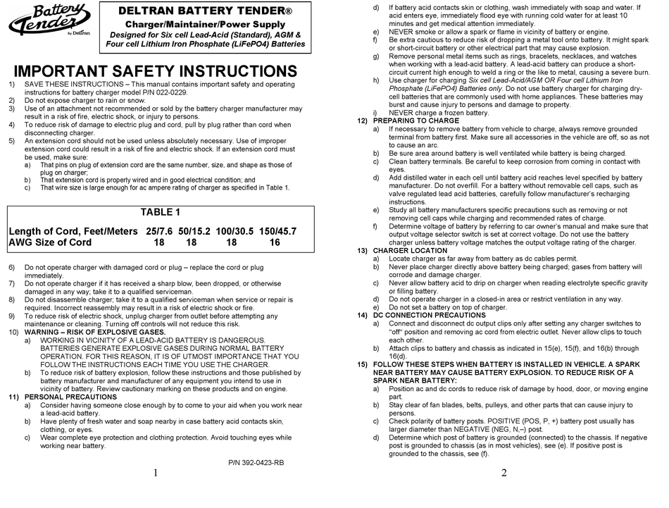 DELTRAN BATTERY TENDER POWER TENDER SERIES USER INSTRUCTIONS Pdf