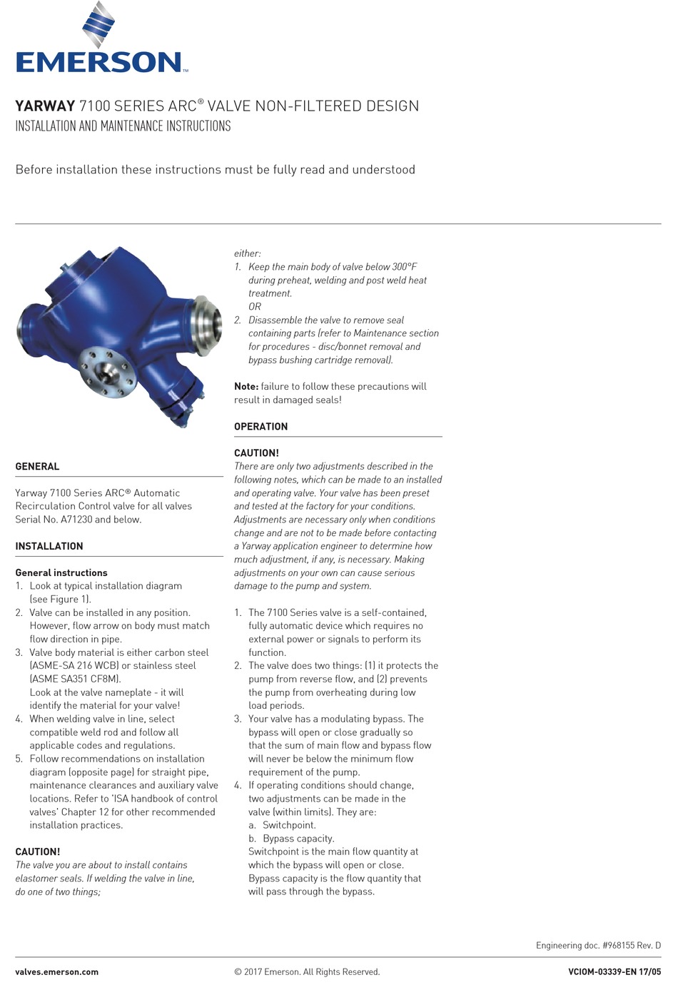 EMERSON YARWAY 7100 SERIES INSTALLATION AND MAINTENANCE INSTRUCTIONS ...