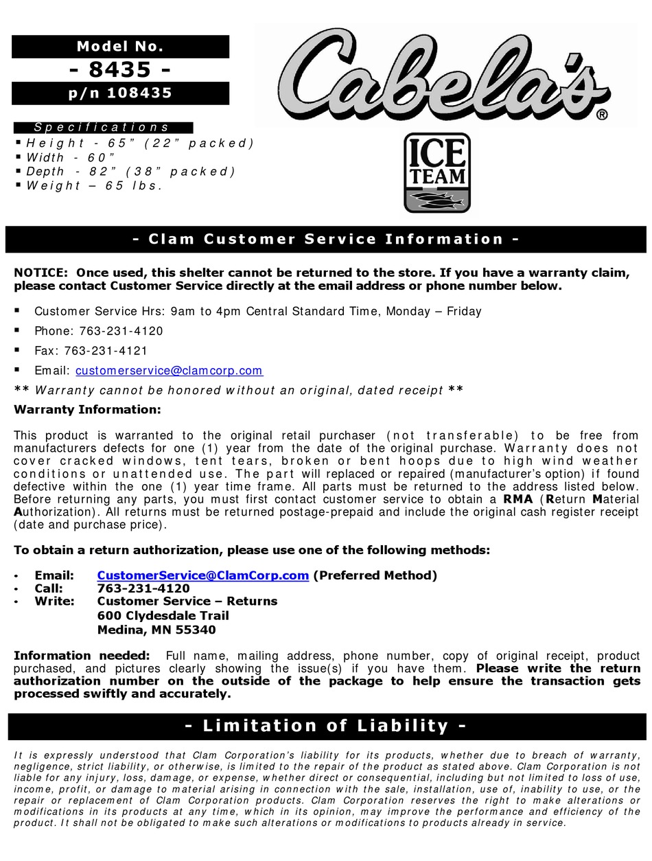 CABELA'S ICE TEAM 8435 MANUAL Pdf Download ManualsLib