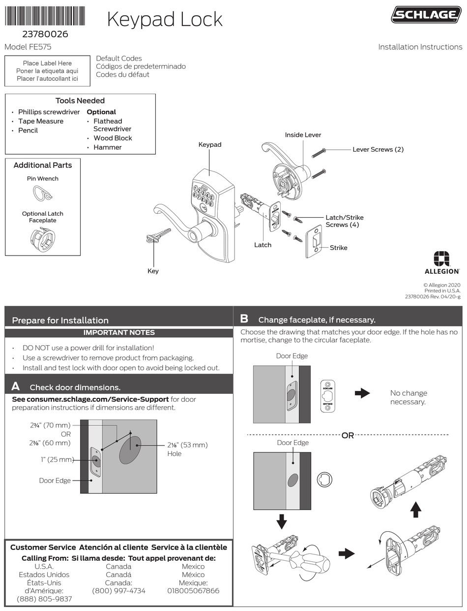 SCHLAGE FE575 INSTALLATION INSTRUCTIONS MANUAL Pdf Download | ManualsLib