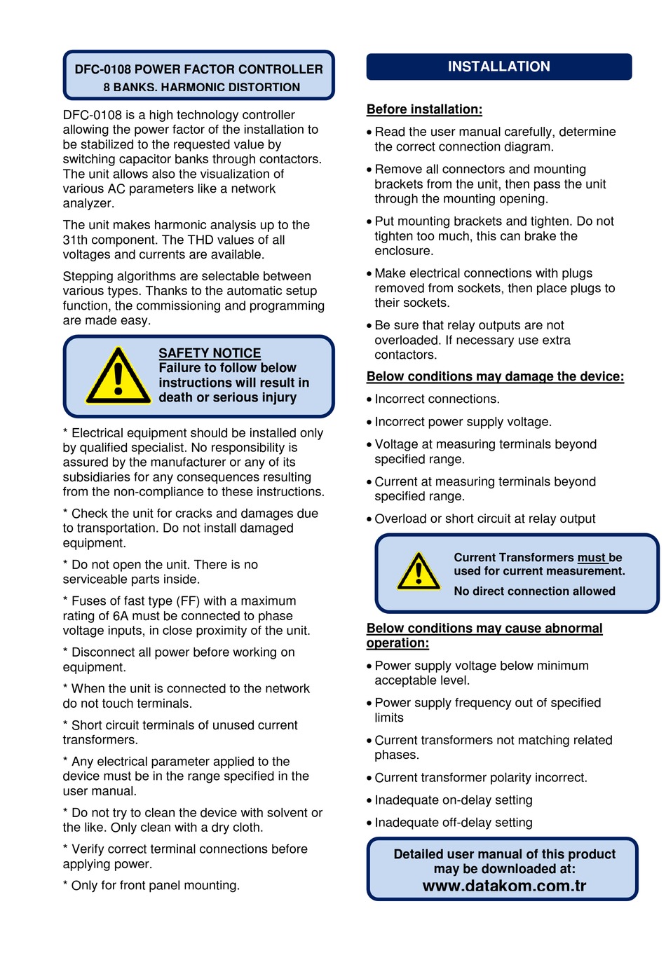 DATAKOM DFC-0108 INSTALLATION MANUAL Pdf Download | ManualsLib