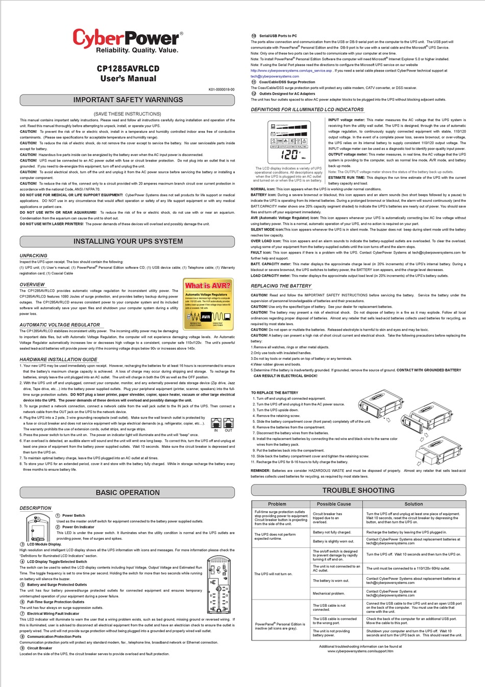 CYBERPOWER CP1285AVRLCD USER MANUAL Pdf Download | ManualsLib