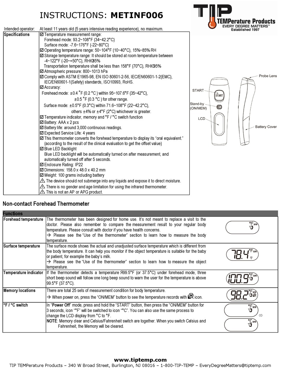 TIP TEMPERATURE PRODUCTS METINF006 INSTRUCTIONS MANUAL Pdf Download