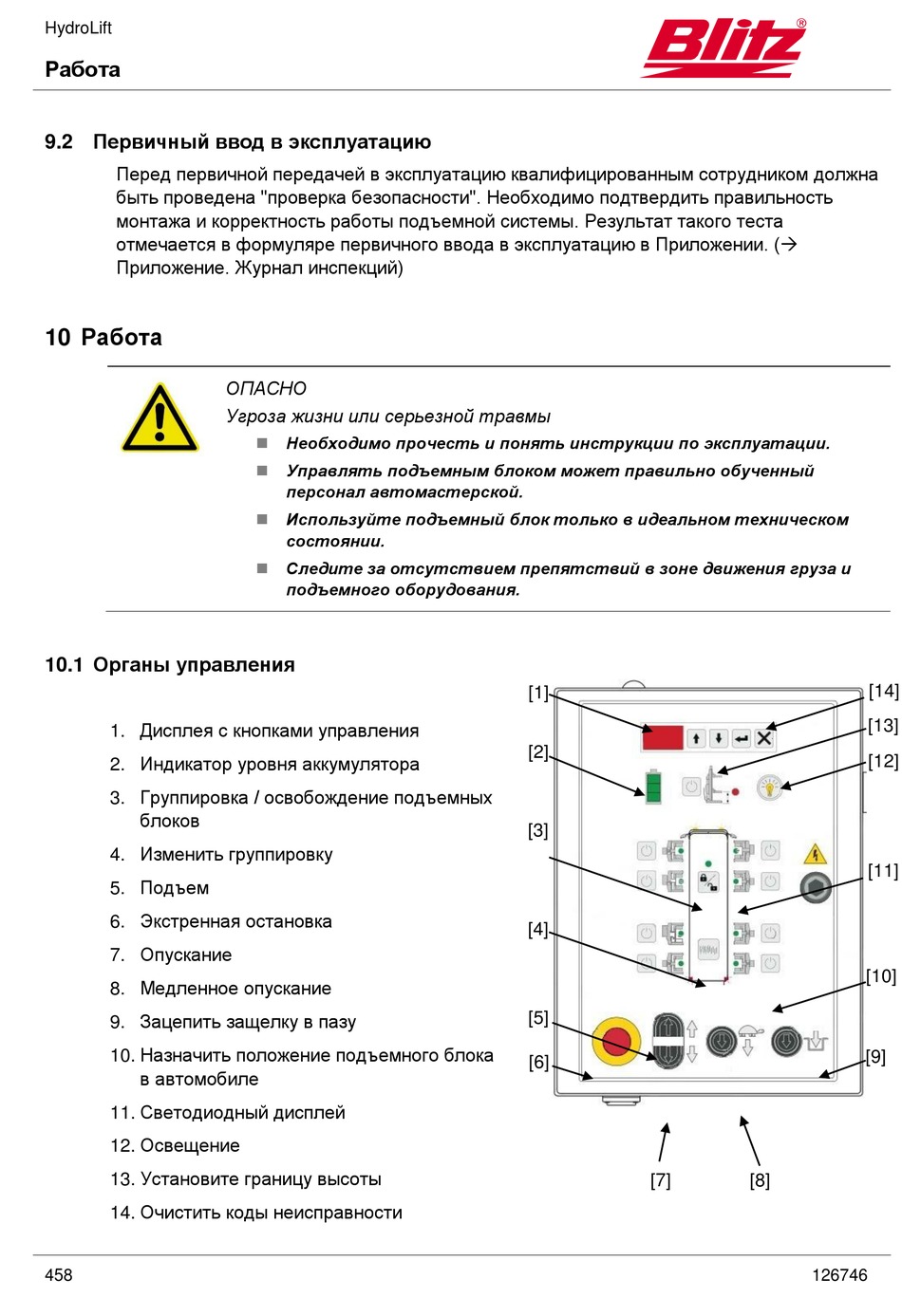 Первичный Ввод В Эксплуатацию; Работа; Органы Управления - Blitz HydroLift  Series Operating Instructions Manual [Page 461] | ManualsLib