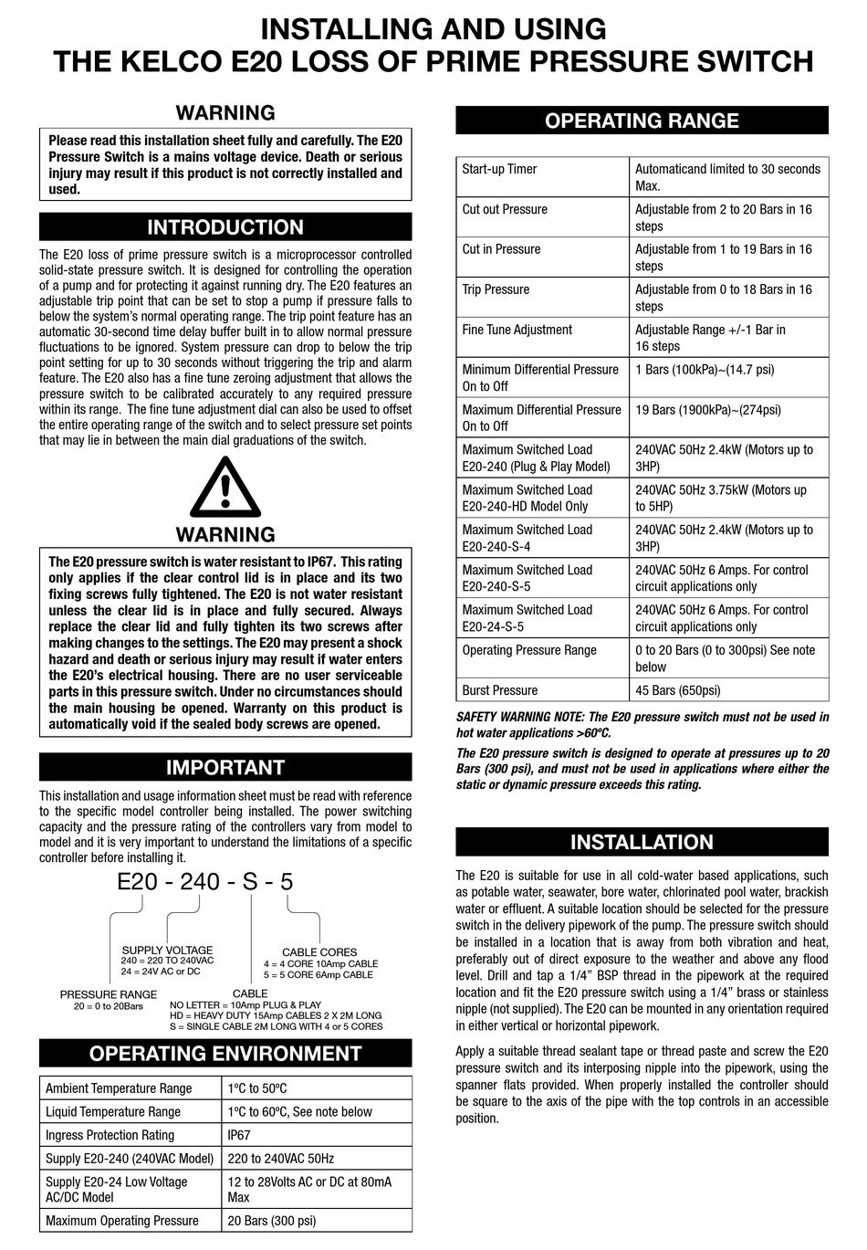 KELCO E20 SERIES INSTRUCTIONS FOR INSTALLING AND USING Pdf Download