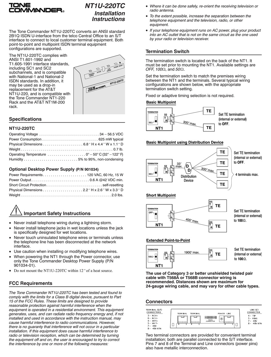 TONE COMMANDER NT1U-220TC INSTALLATION INSTRUCTIONS Pdf Download ...