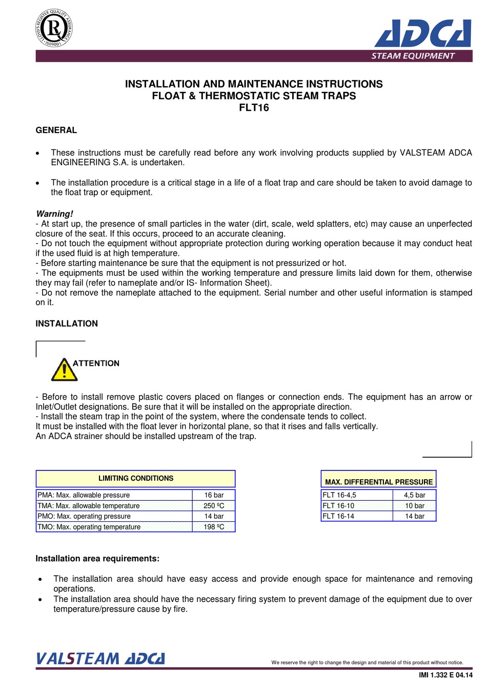 ADCA FLT16 SERIES INSTALLATION AND MAINTENANCE INSTRUCTIONS Pdf ...