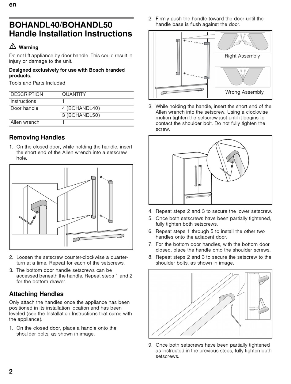 Removing Handles Attaching Handles Bosch BOHANDL40 Installation