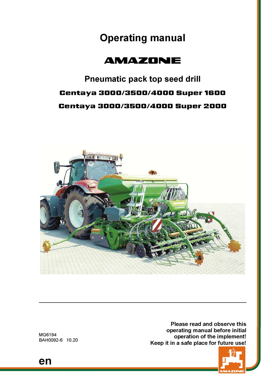 AMAZONEN-WERKE AMAZONE CENTAYA 3000 SUPER 1600 OPERATING MANUAL Pdf ...