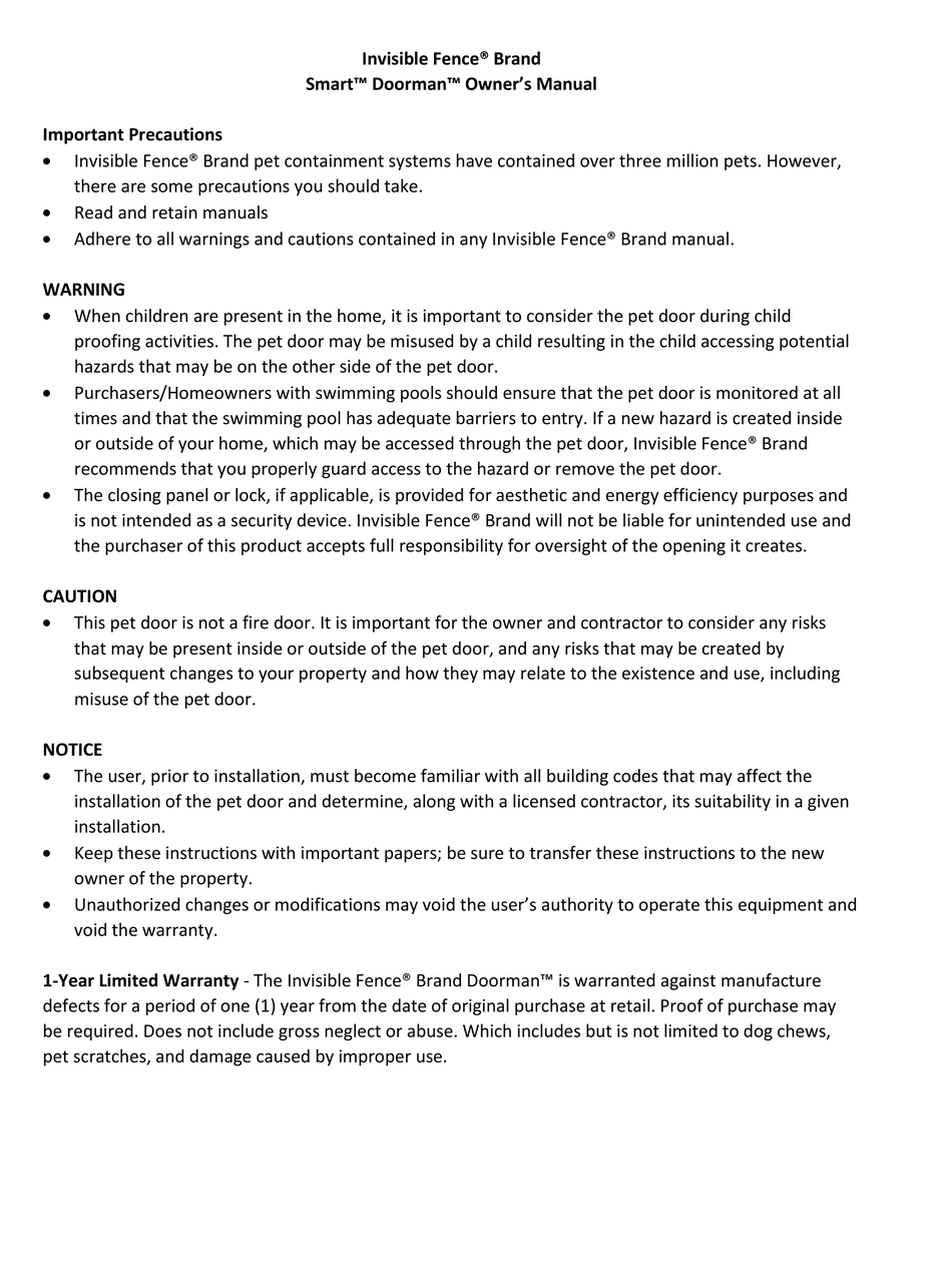 INVISIBLE FENCE SMART DOORMAN OWNER'S MANUAL Pdf Download ManualsLib