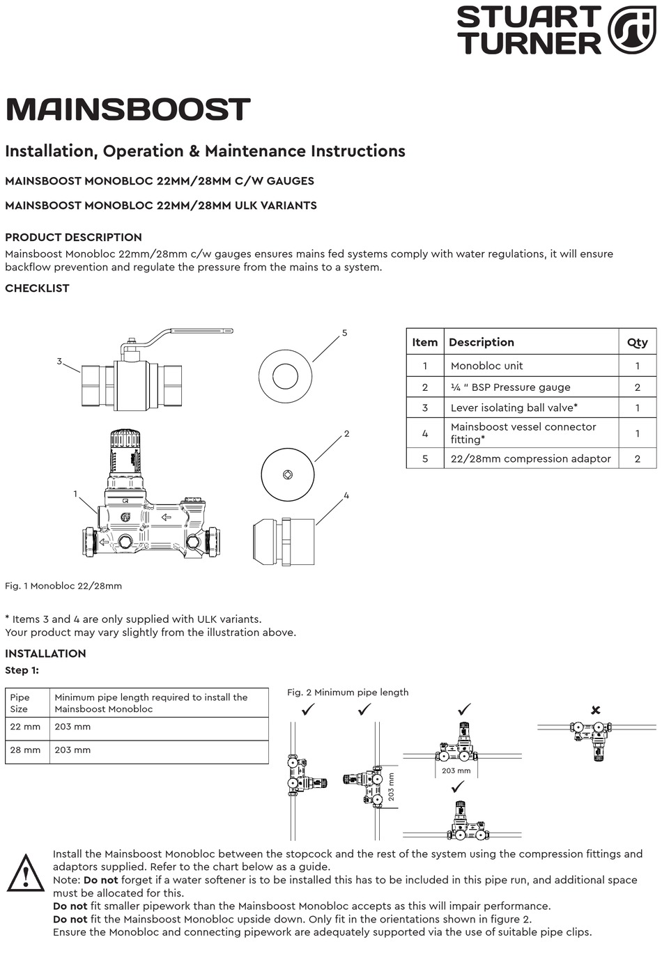 STUART TURNER MAINSBOOST MONOBLOC 22MM C INSTALLATION, OPERATION & MAINTENANCE INSTRUCTIONS Pdf