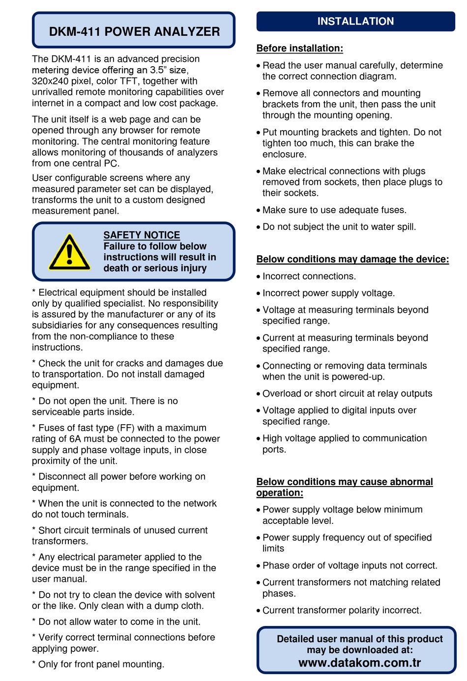 DATAKOM DKM-411 QUICK START MANUAL Pdf Download | ManualsLib