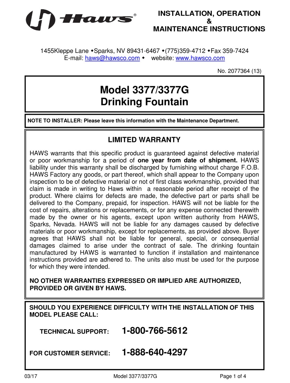 HAWS 3377 INSTALLATION, OPERATION & MAINTENANCE INSTRUCTIONS Pdf