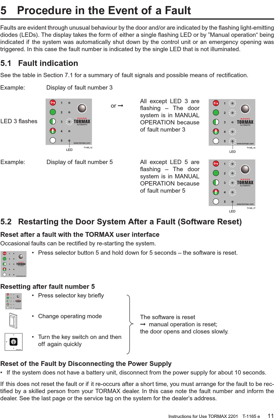 faillissement streng Uitroepteken Procedure In The Event Of A Fault; Fault Indication; Restarting The Door  System After A Fault (Software Reset) - Tormax Automatic TORMAX 2201  Instructions For Use Manual [Page 11] | ManualsLib