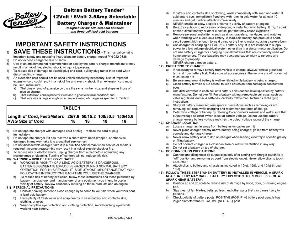 DELTRAN BATTERY TENDER INSTRUCTIONS MANUAL Pdf Download ManualsLib