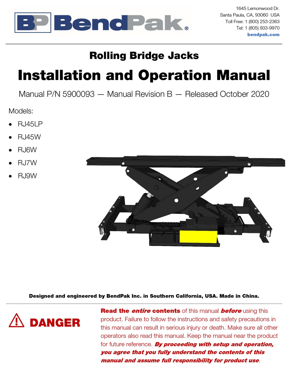 BENDPAK RJW SERIES INSTALLATION AND OPERATION MANUAL Pdf Download ...