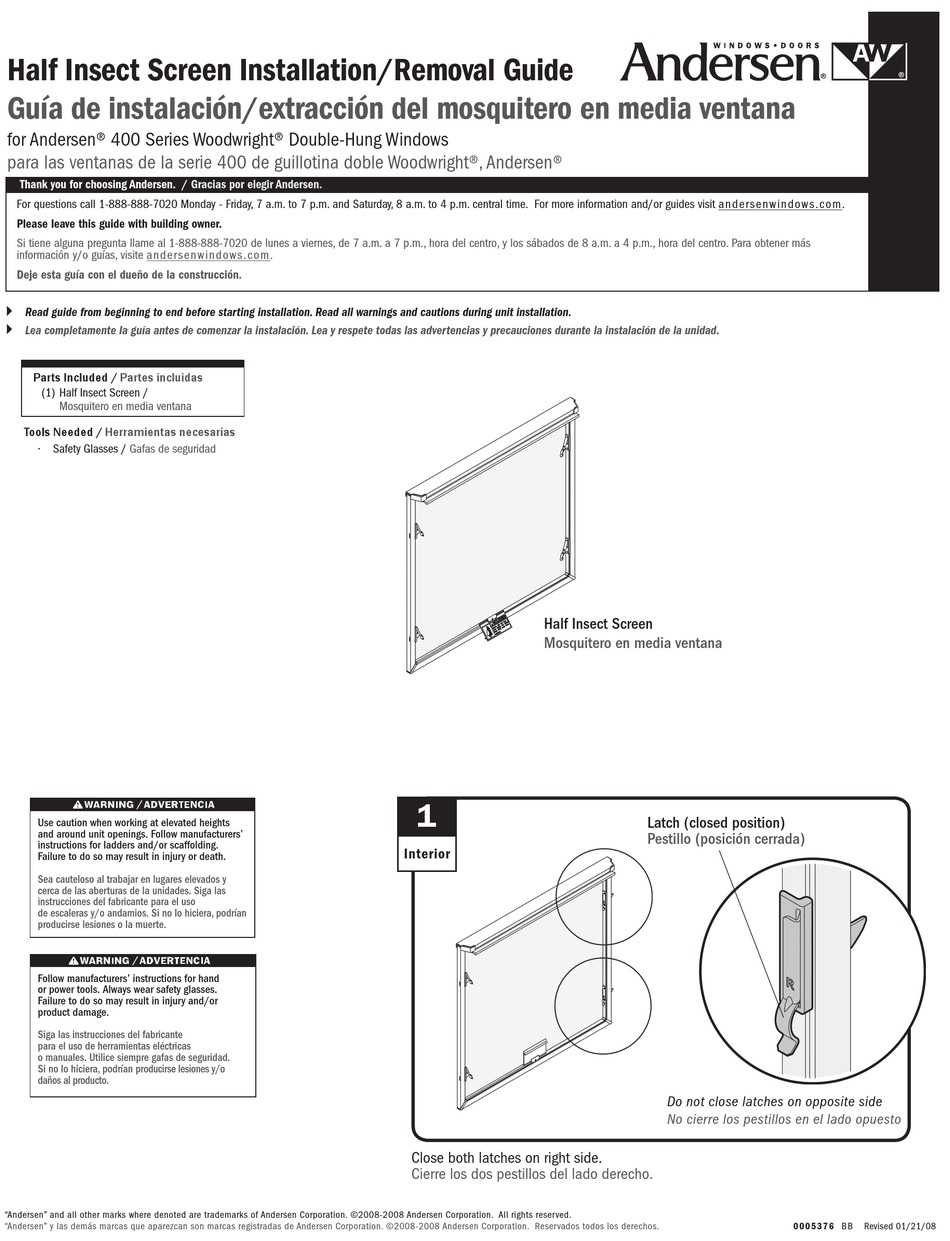 ANDERSEN WINDOWS & DOORS 400 SERIES INSTALLATION AND REMOVAL MANUAL Pdf ...