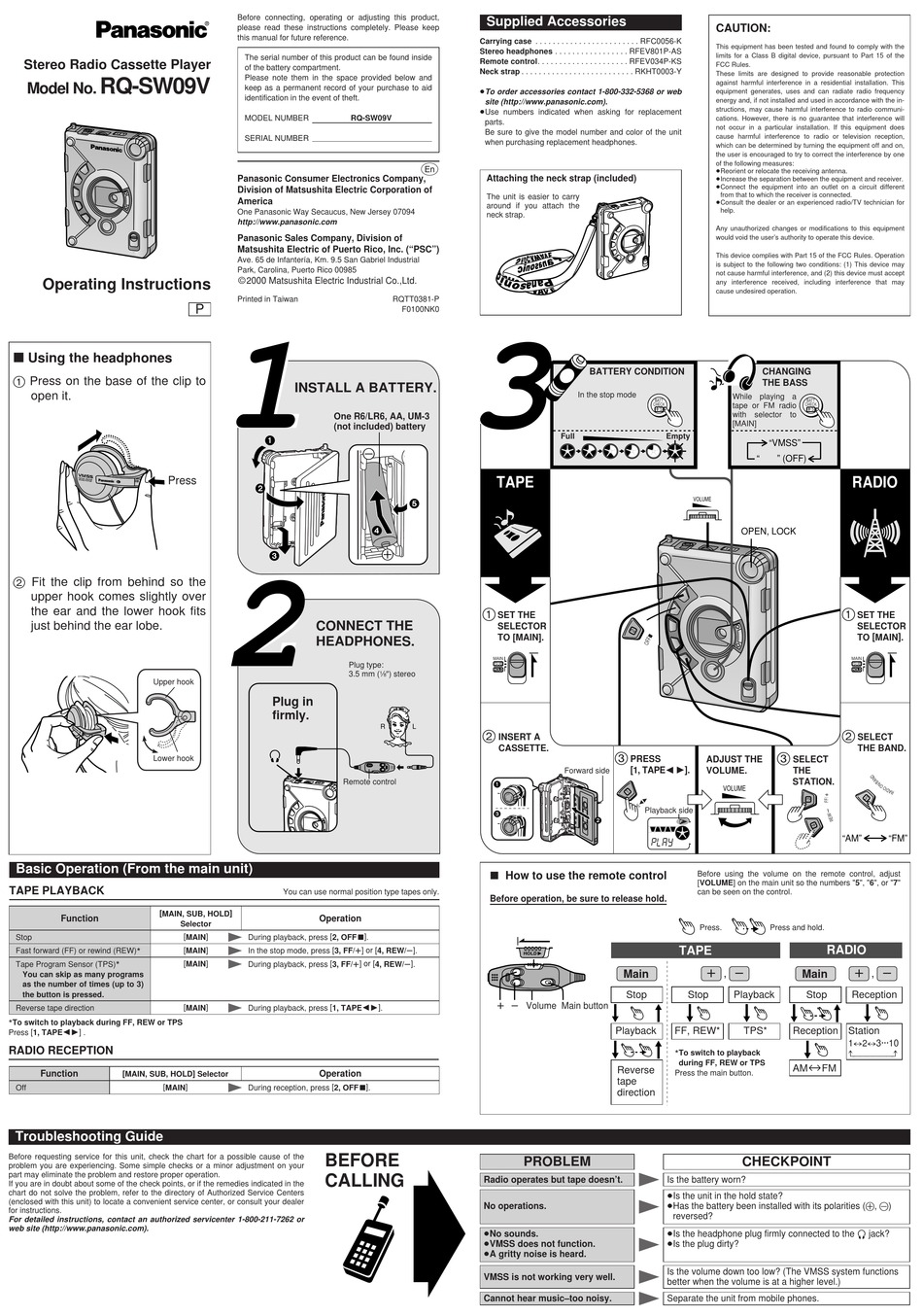 PANASONIC RQ-SW09V OPERATING INSTRUCTIONS Pdf Download | ManualsLib