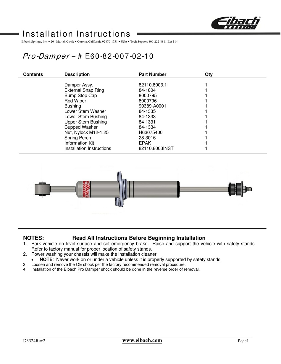 EIBACH E60820070210 INSTALLATION INSTRUCTIONS Pdf Download ManualsLib