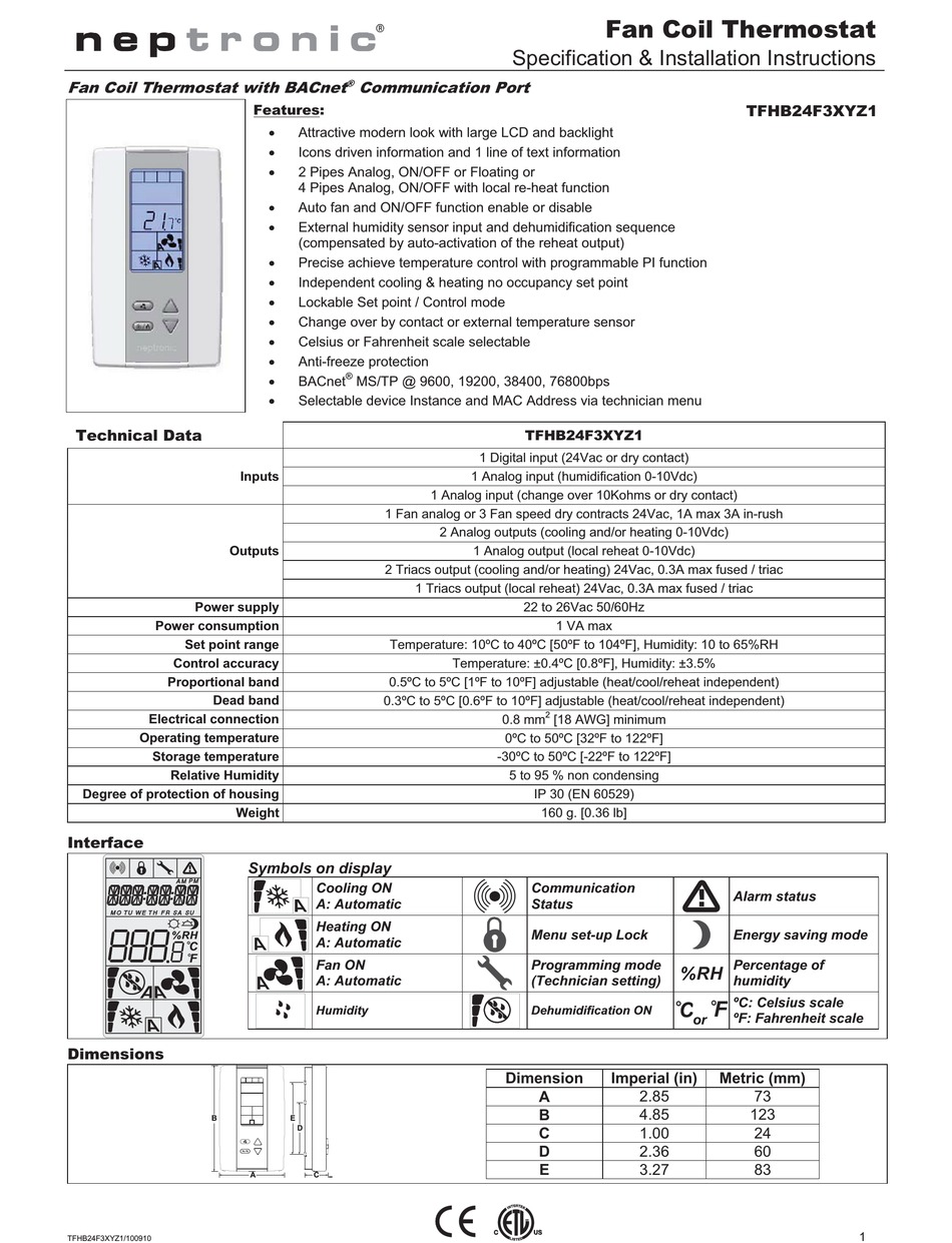 NEPTRONIC TFHB24F3XYZ1 SPECIFICATION AND INSTALLATION INSTRUCTIONS Pdf ...