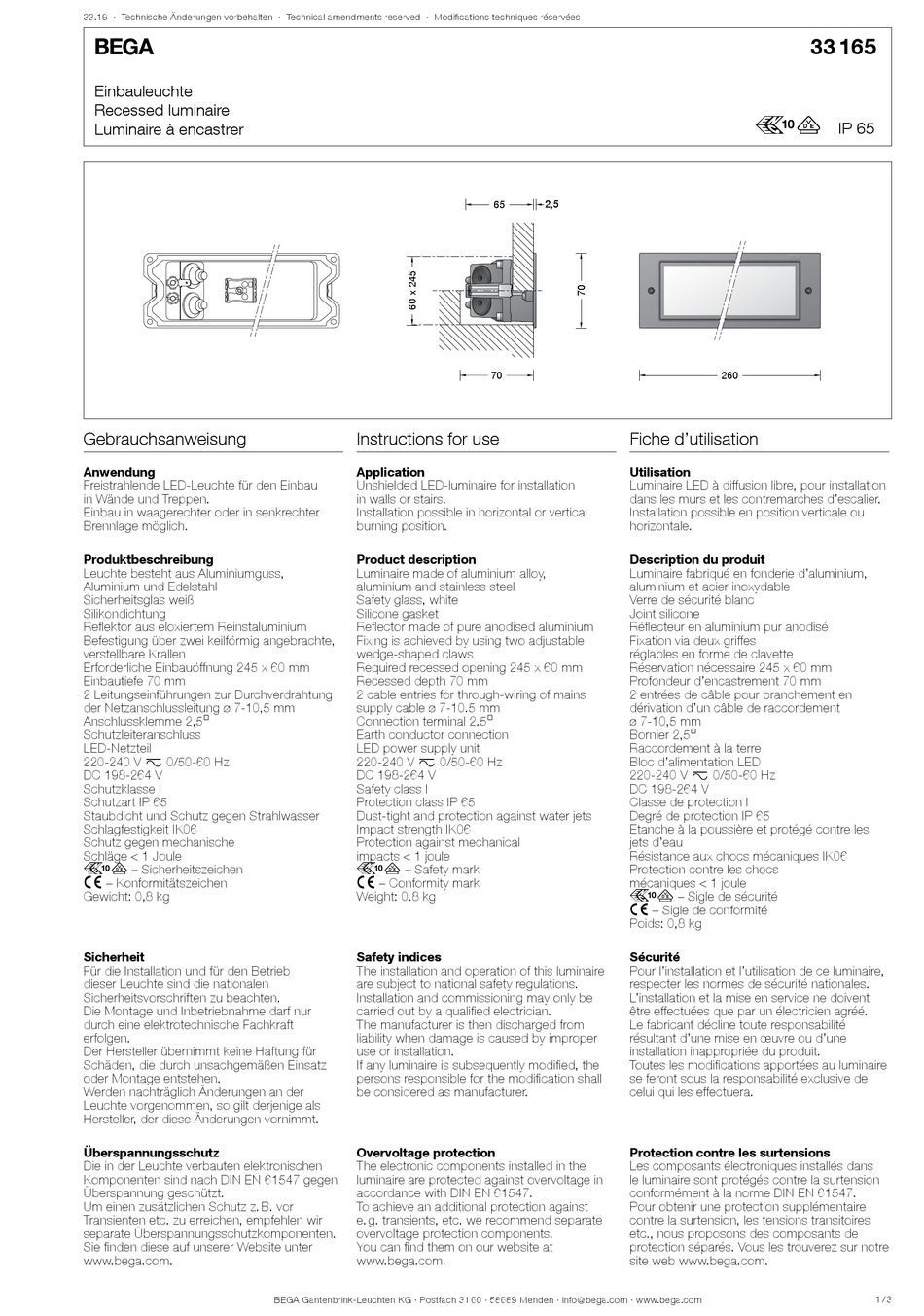 BEGA 33 165 INSTRUCTIONS FOR USE Pdf Download | ManualsLib