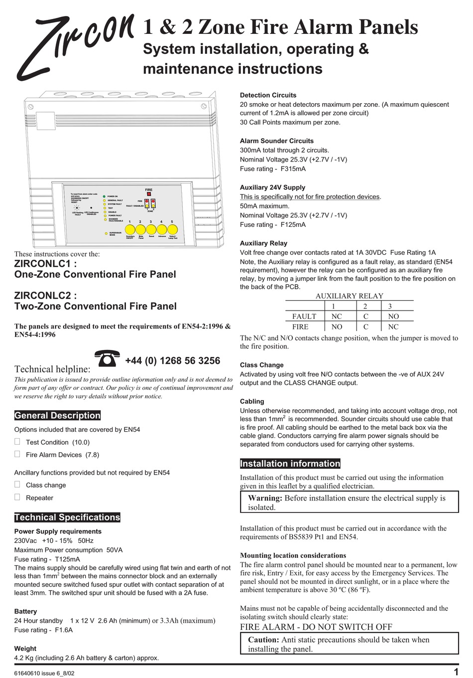 ZIRCON ZIRCONLC1 INSTALLATION, OPERATING, & MAINTENANCE INSTRUCTIONS