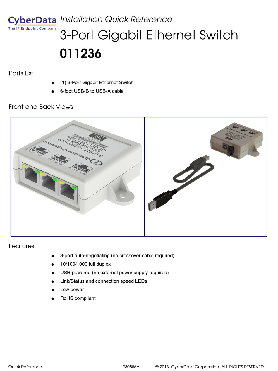 011236 2-Port USB Gigabit Switch – CyberData Corporation