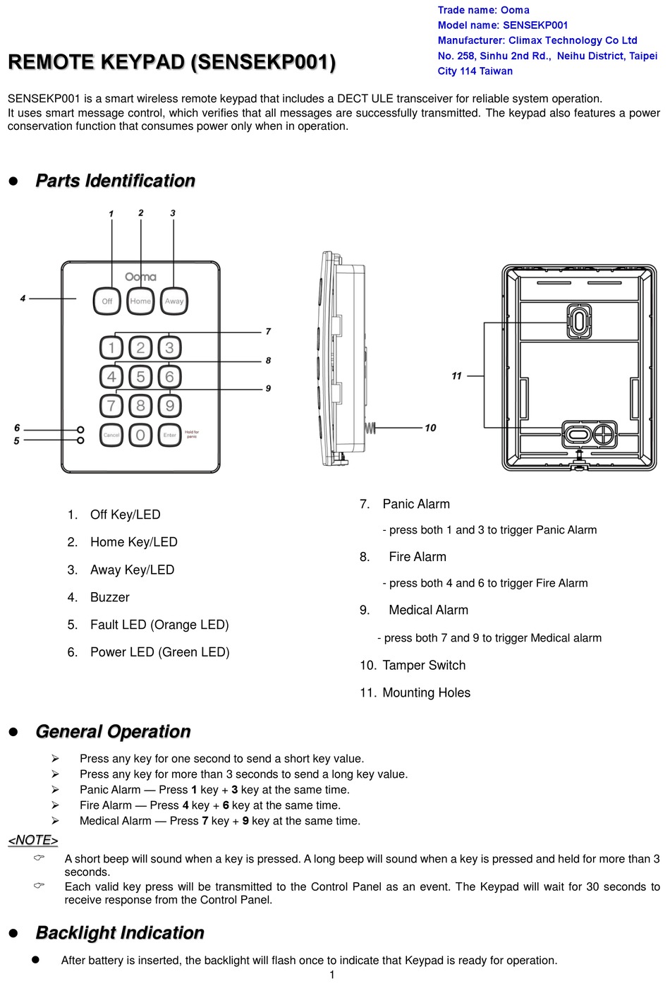 CLIMAX TECHNOLOGY SENSEKP001 MANUAL Pdf Download | ManualsLib