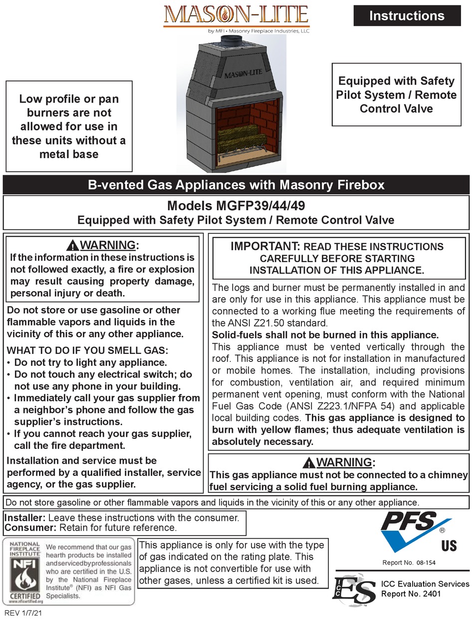 MFI MASON-LITE MGFP39 INSTRUCTIONS MANUAL Pdf Download | ManualsLib