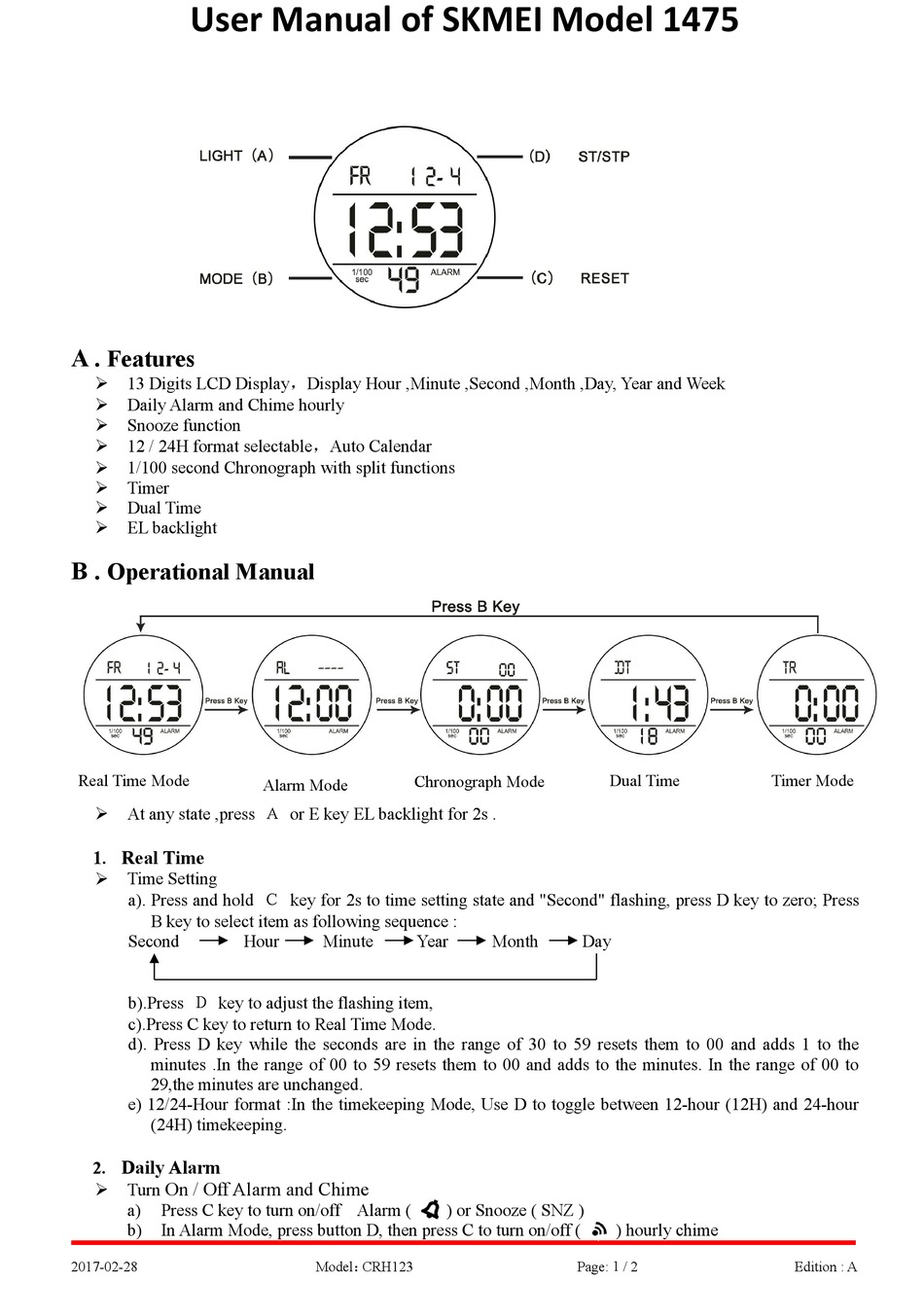 user manual skmei 1251