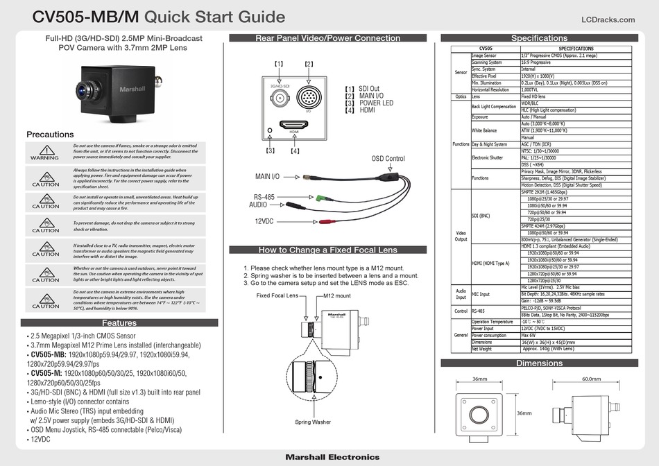 MARSHALL ELECTRONICS CV505-MB QUICK START MANUAL Pdf Download | ManualsLib