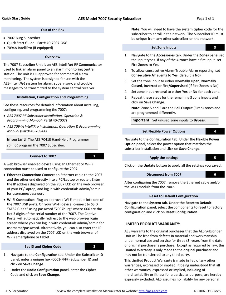 AES 7007 QUICK START MANUAL Pdf Download | ManualsLib