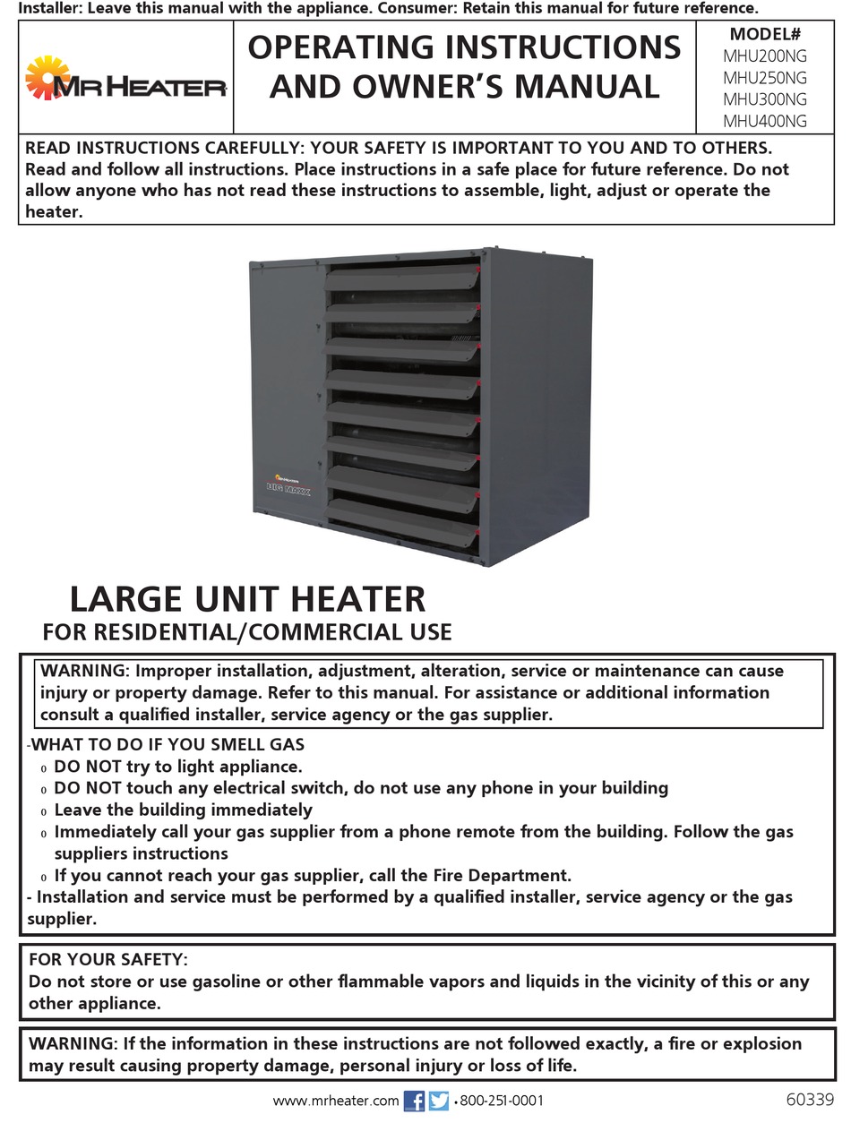 MRHEATER MHU200NG OPERATING INSTRUCTIONS AND OWNER