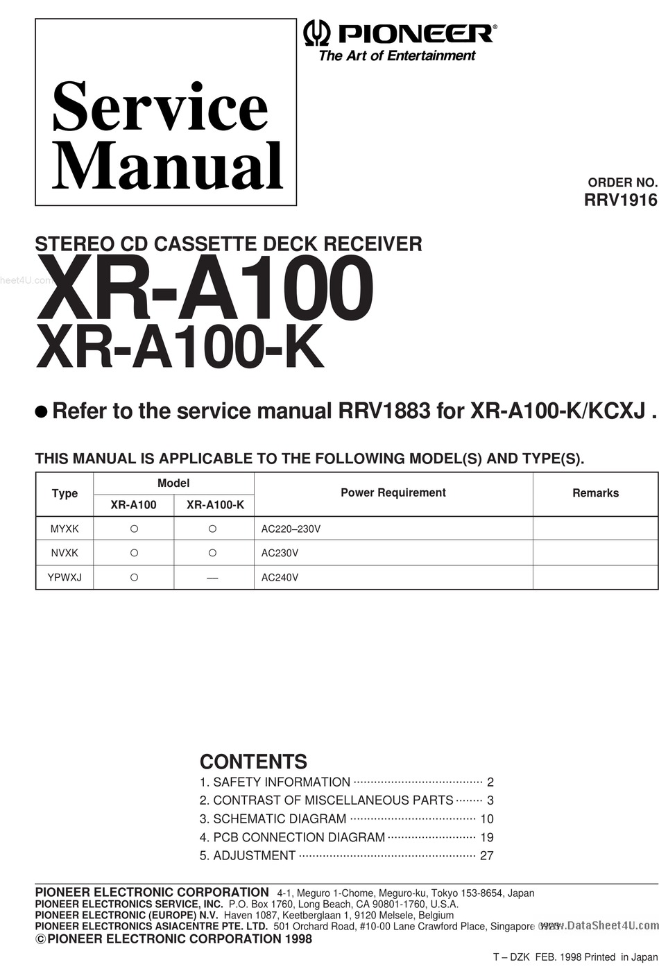 PIONEER XR-A100 SERVICE MANUAL Pdf Download | ManualsLib