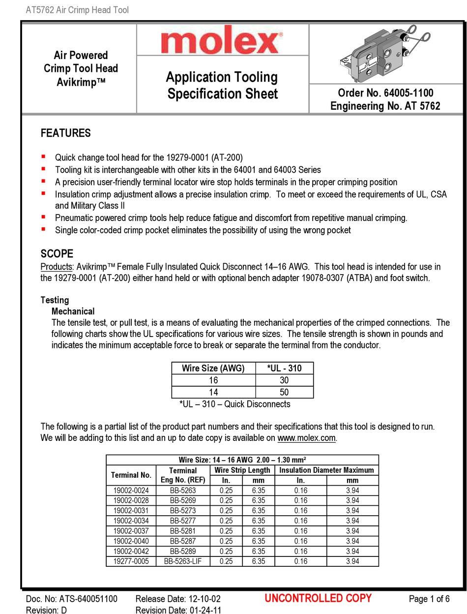 MOLEX AVIKRIMP AT 5762 MANUAL Pdf Download | ManualsLib