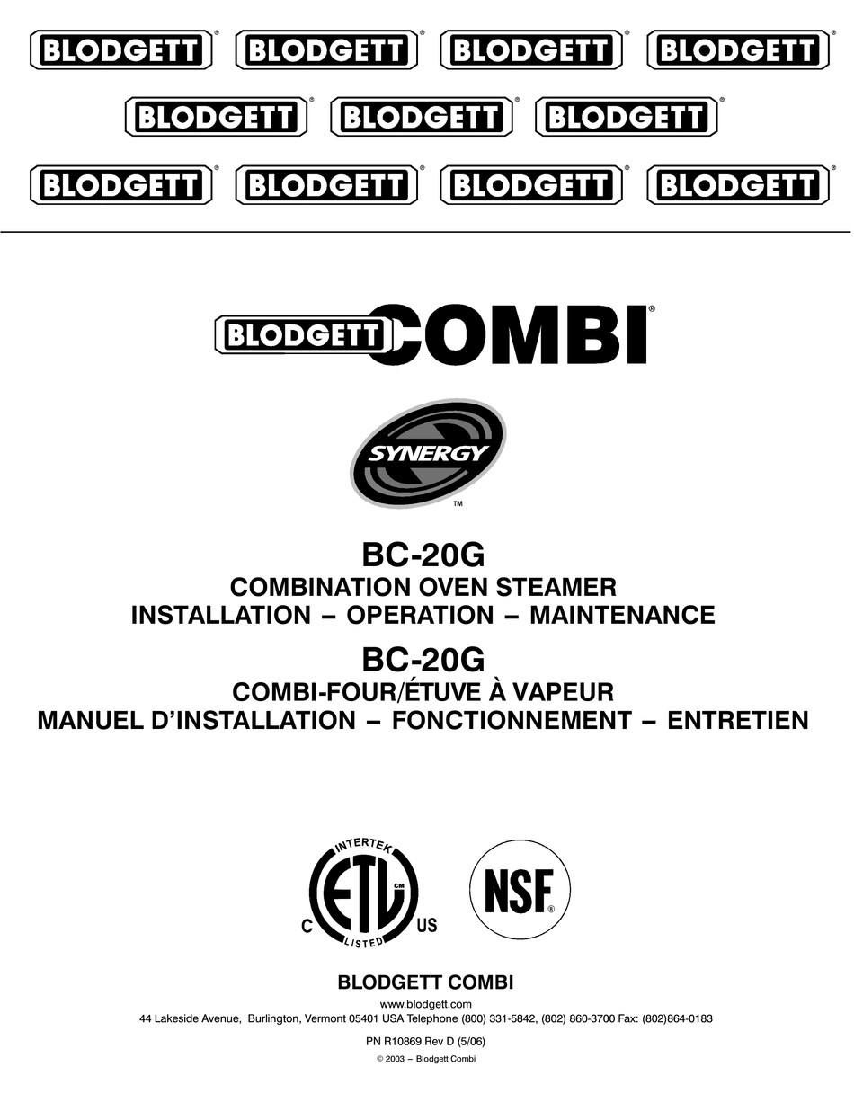 BLODGETT COMBI SYNERGY BC-20G INSTALLATION OPERATION & MAINTENANCE Pdf ...