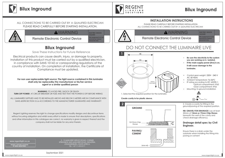 REGENT LIGHTING SOLUTIONS BILUX INGROUND INSTALLATION INSTRUCTIONS Pdf ...