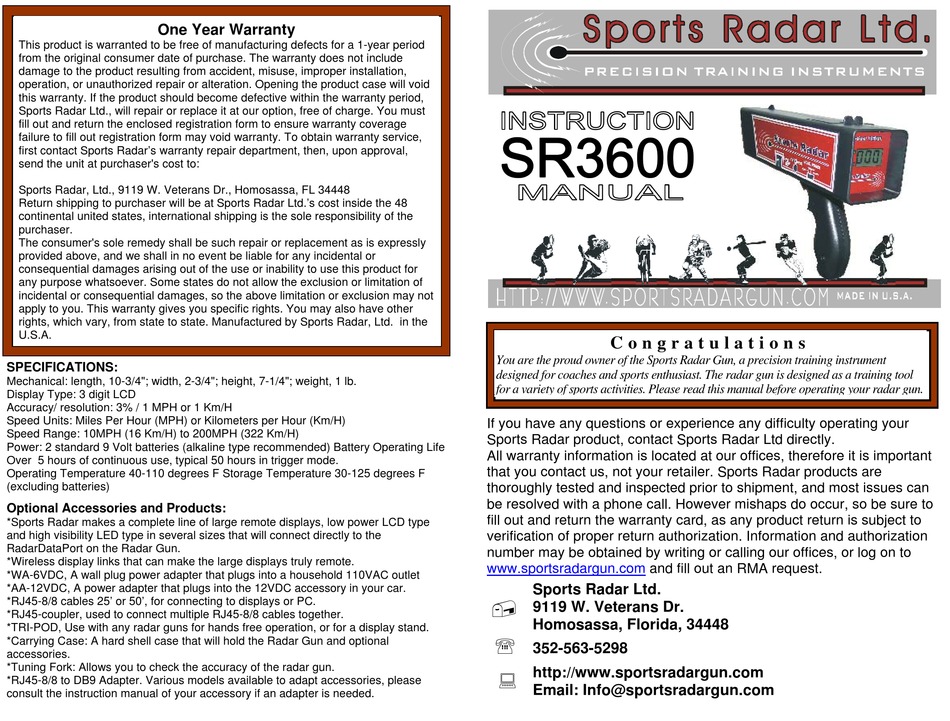 SPORTS RADAR SR3600 INSTRUCTION MANUAL Pdf Download ManualsLib