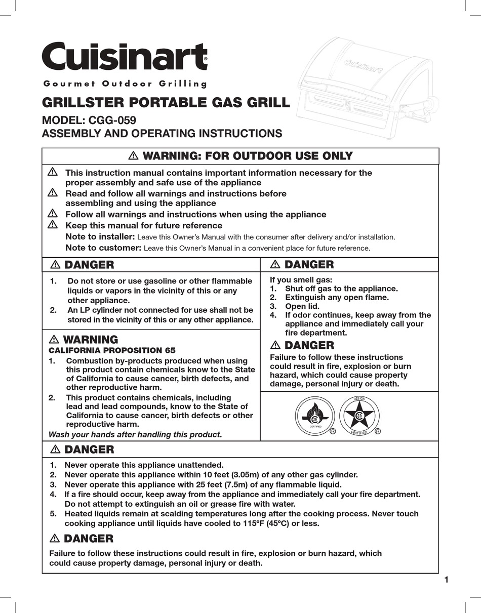 CUISINART GRILLSTER ASSEMBLY AND OPERATING INSTRUCTIONS MANUAL Pdf ...