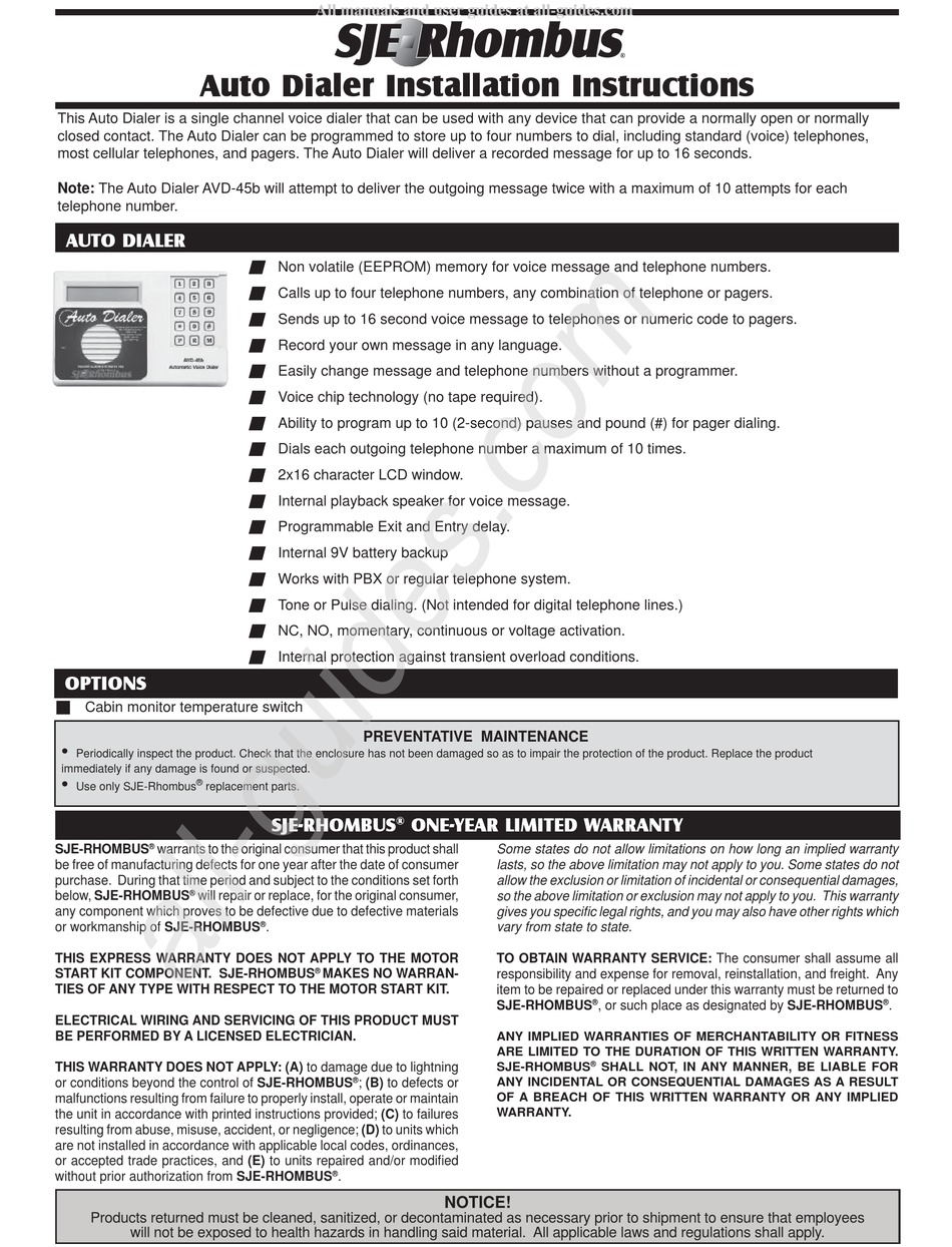 SJE RHOMBUS AUTO DIALER AVD45B INSTALLATION INSTRUCTIONS Pdf Download