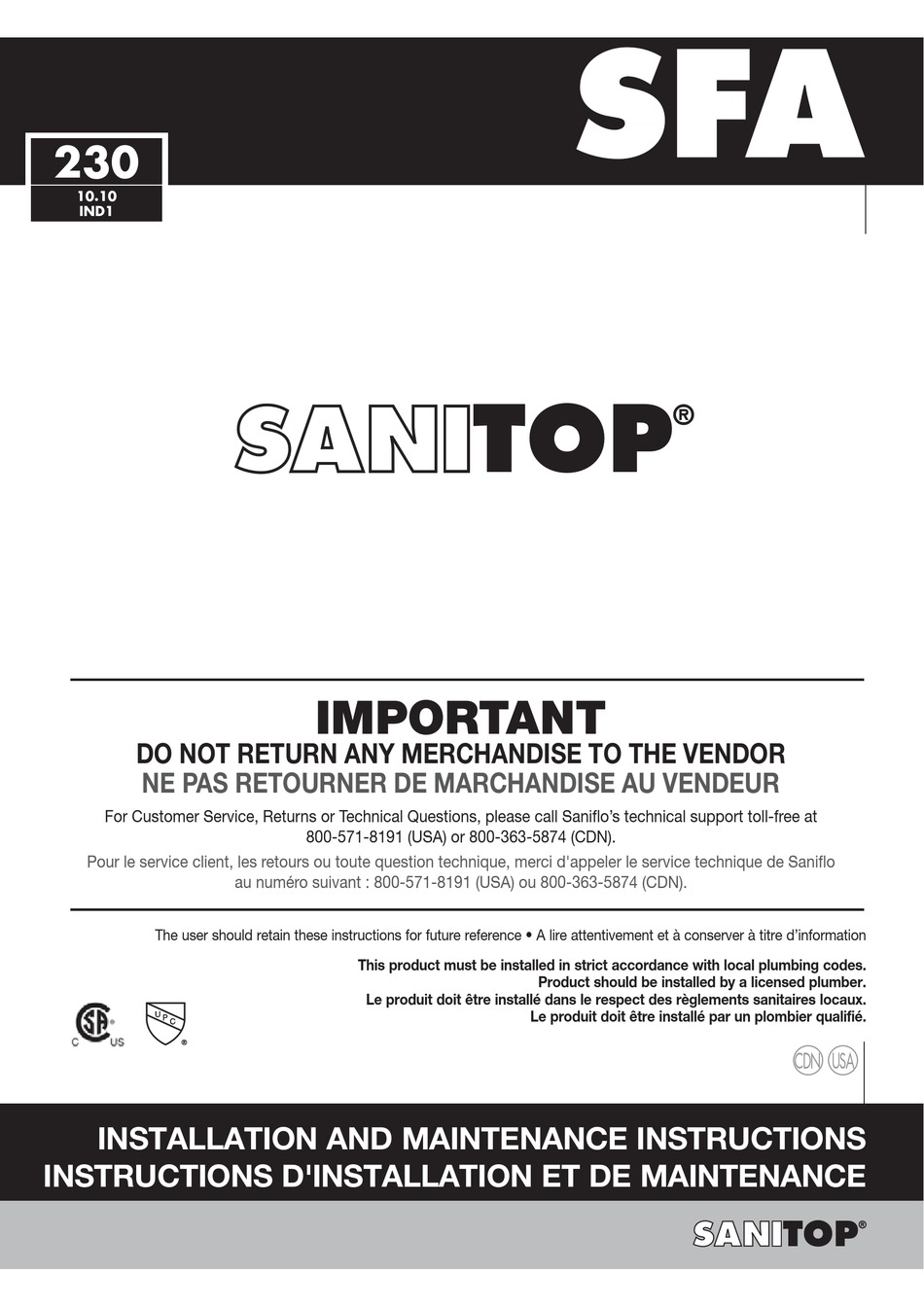 SFA SANITOP INSTALLATION AND MAINTENANCE INSTRUCTIONS MANUAL Pdf ...