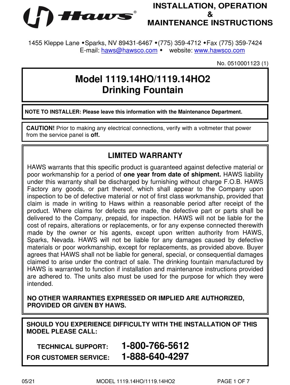 HAWS 1119.14HO INSTALLATION, OPERATION & MAINTENANCE INSTRUCTIONS